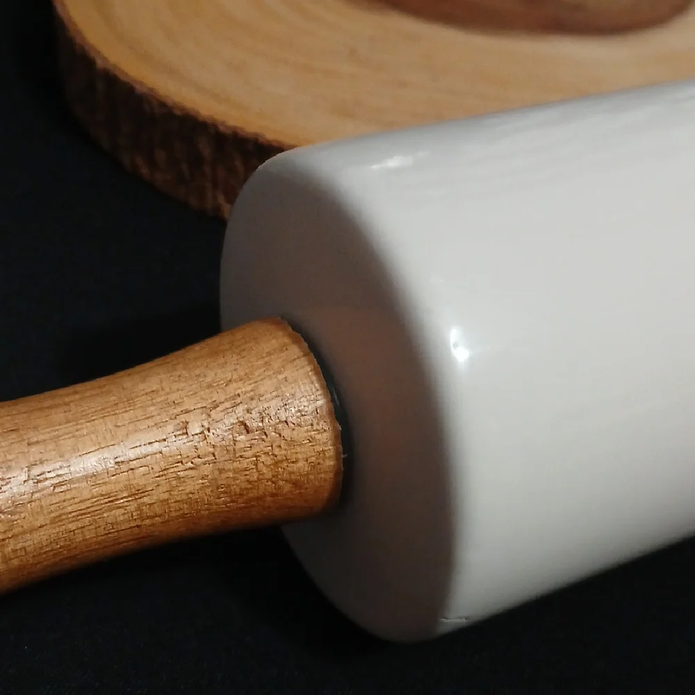Rae Dunn White Ceramic Rolling Pin with Wooden Handles